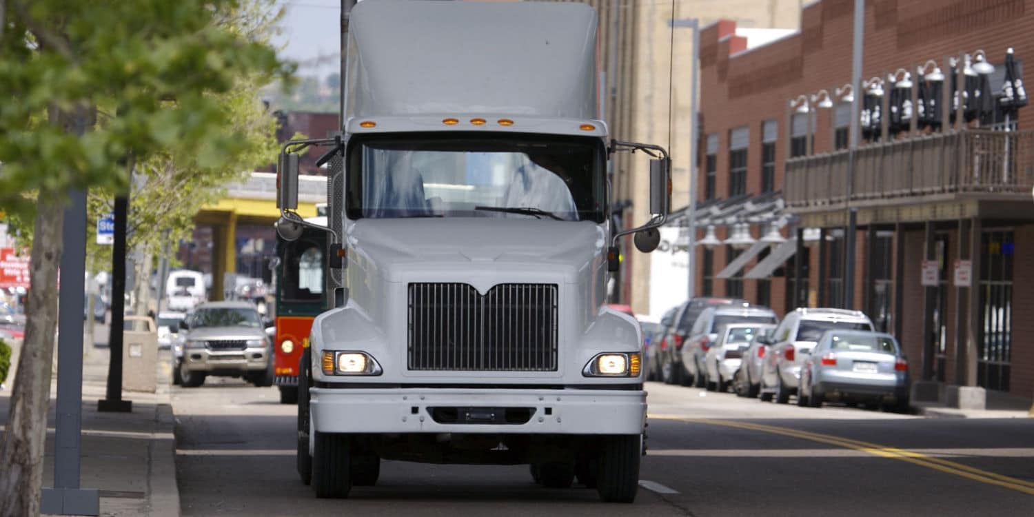 An example of city driving in a semi-truck on a busy street