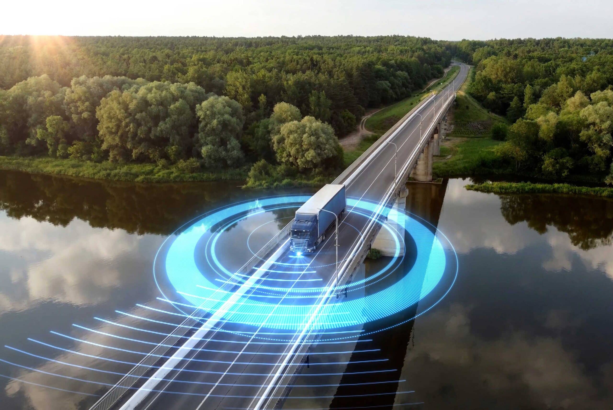 autonomous truck on a road with a make believe digital field around it