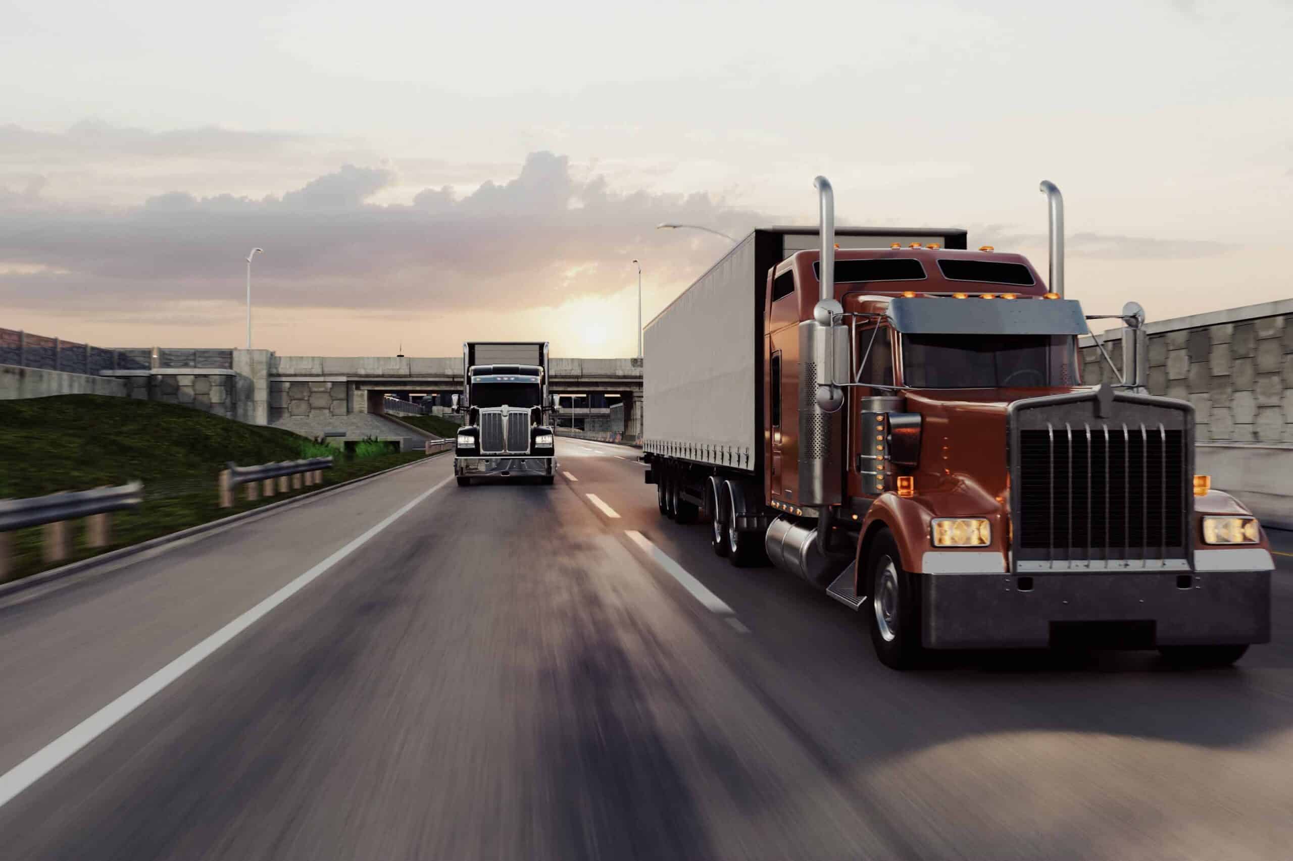 American style truck on freeway pulling load. Transportation theme