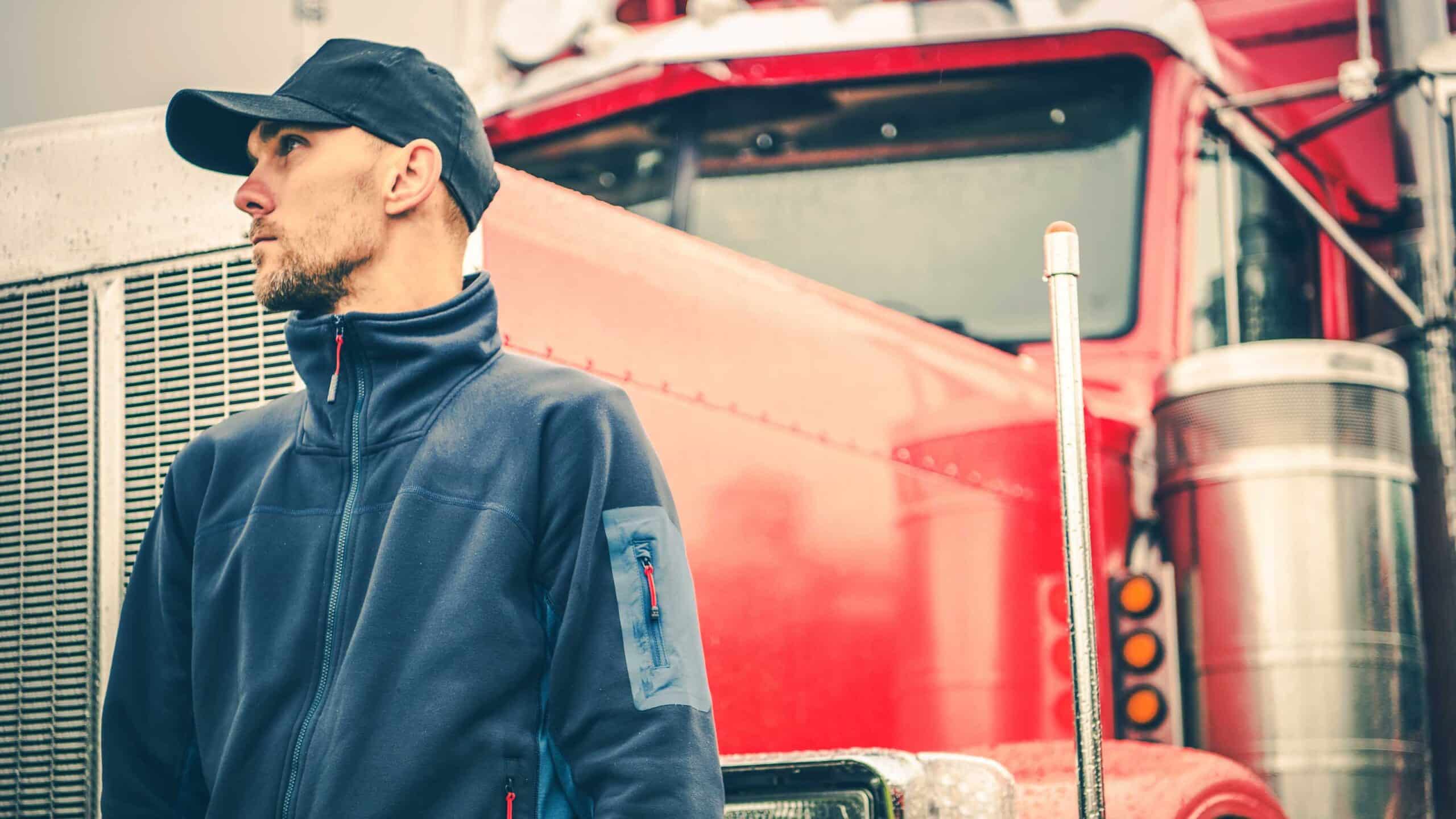 Truck driver in navy jacket and cap standing beside a large red semi-truck.